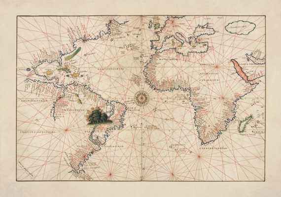 大西洋ポルトラン海図 1544年 - アンティーク複製 - 航海図 - 額入り