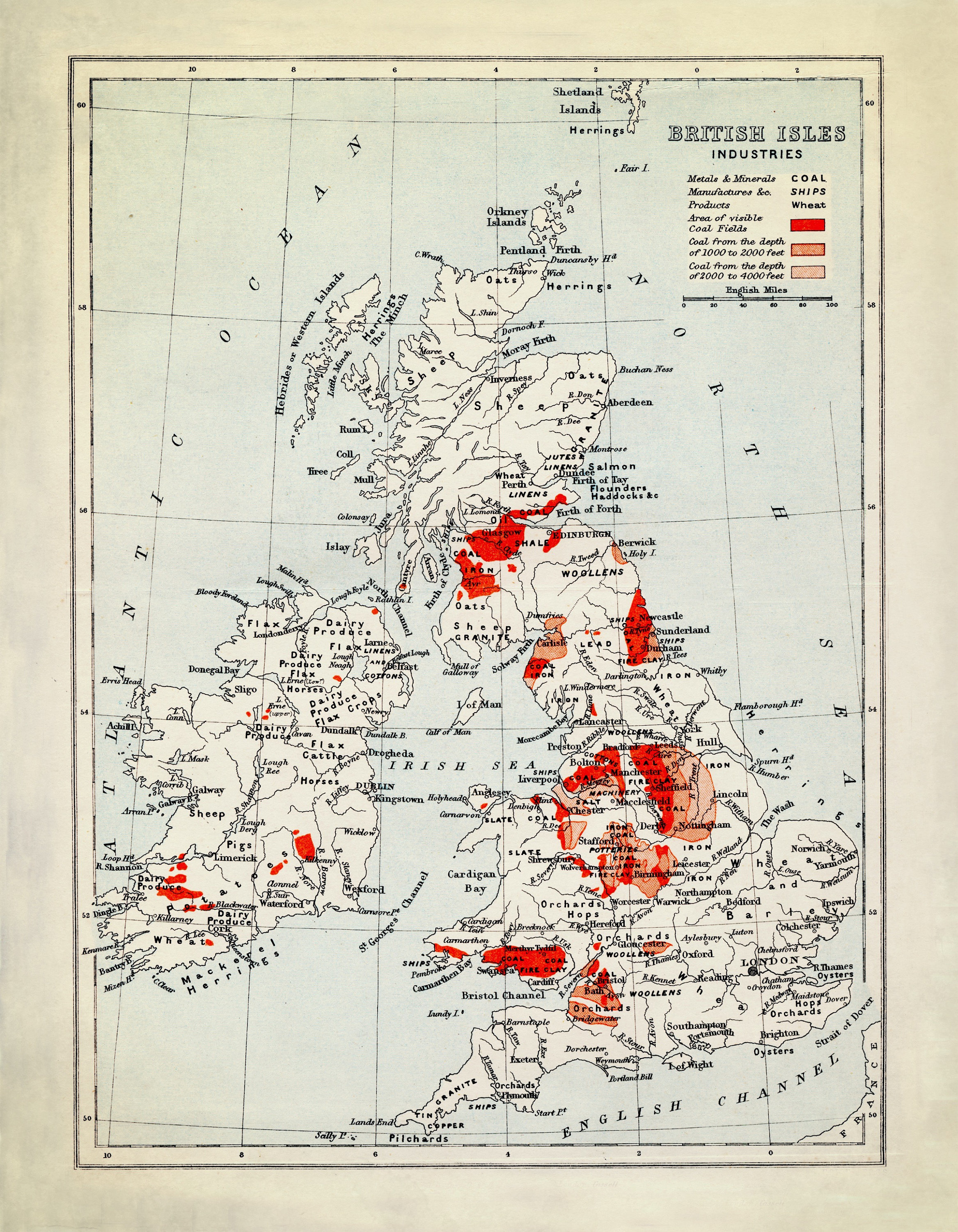 1900 年頃のイギリス諸島産業地図 - アンティーク複製 - 石炭および