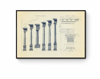 May include: A vintage blueprint illustration of different types of columns and capitals in blue ink on a cream background. The image is titled "The Orders of Architecture" and "Entablature & Capitals".