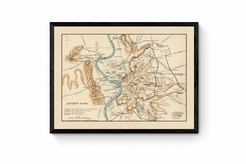 May include: A vintage map of Ancient Rome, depicting the city's layout and key landmarks. The map is printed in brown and beige tones on a cream-coloured background. The title "Ancient Rome" is printed in the bottom left corner.