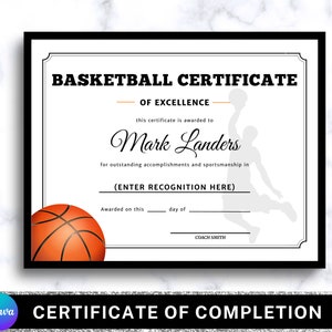 Editable Basketball Award Certificate: Team Party Printable (Canva Template)