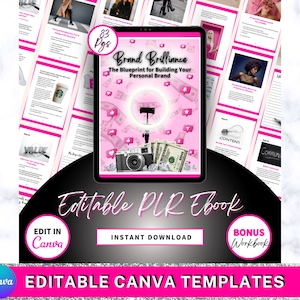 May include: A digital tablet displays a pink and white ebook cover titled "Brand Brilliance." The cover features a ring light, camera, and money illustrations. Text includes "Editable PLR Ebook," "Edit in Canva," and "Instant Download."