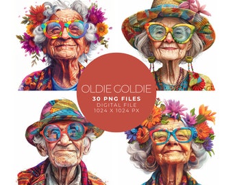 Illustrazione COLORATA di una VECCHIA SIGNORA e un vecchio con occhiali colorati stravaganti e fiori colorati tra i capelli, sorridenti, stravaganti, png