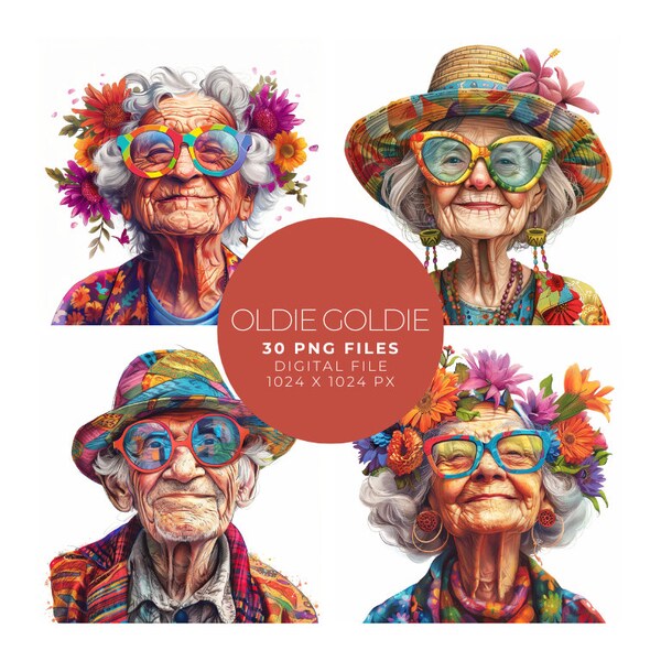 Illustration colorée d'une vieille dame et d'un vieil homme avec des lunettes colorées géniales et des fleurs colorées dans les cheveux, souriant, funky, png