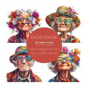 Ilustración colorida de una anciana y un anciano con gafas de colores originales y flores de colores en el cabello, sonriendo, funky, png