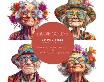 Illustration colorée d'une vieille dame et d'un vieil homme avec des lunettes colorées géniales et des fleurs colorées dans les cheveux, souriant, funky, png