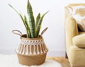 Moroccan Handmade Bamboo Storage Baskets, Foldable Laundry Straw Patchwork, Wicker Rattan Seagrass Belly, Garden Flower Pot Planter Basket
