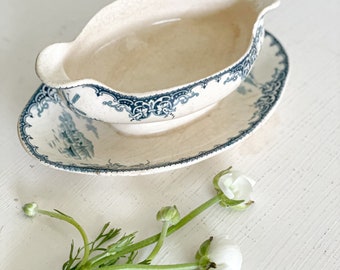 Vintage French Blue Transferware Gravy Boat