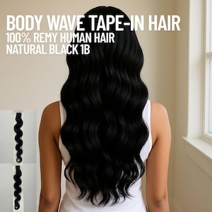 ナチュラルブラック 1B ボディウェーブ テープインヘアエクステンション | レミー人毛 | 50g (20テープ) | 10インチ～30インチ | 再利用可能＆耐熱性 | カナダから発送