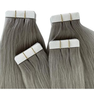 Rallonges de cheveux gris argenté à coller | Cheveux humains lissés Remy | 50 g (20 bandes) | Résistant à la chaleur et réutilisable | 10"-30"