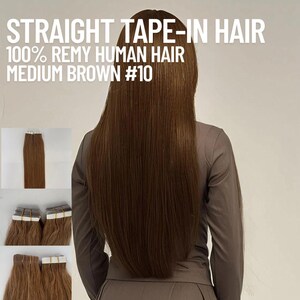 ミディアムブラウン #10 ストレート テープイン ヘアエクステンション | レミー人毛 | 50g (20テープ) | 10インチ～30インチ | 再利用可能＆耐熱性 | カナダから発送