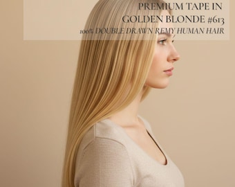 Golden Blonde Remy Human Hair Extensions – Tape-In, Double Drawn #613