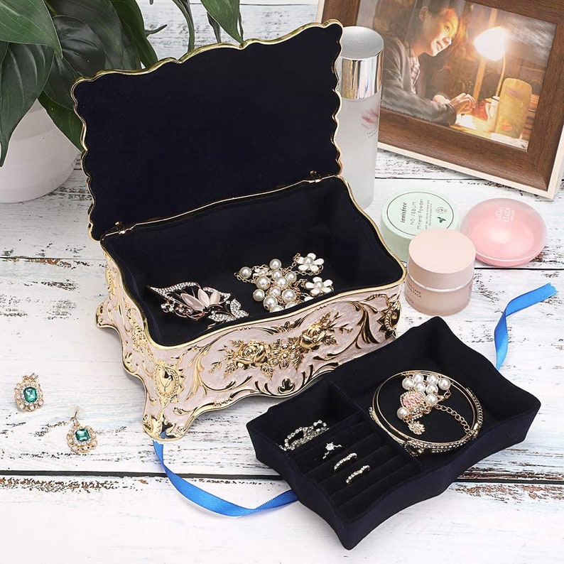 Vintage Metal Jewelry Box Two Layer Rectangular Trinket Etsy