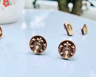 Starbucks Earrings| Round Earrings| Starbucks Coffee| Wood Earrings