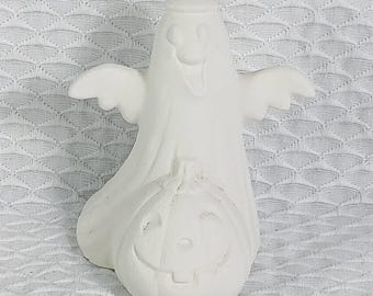 Estatueta de Fantasma e Abóbora Vintage de 1993 | Bisque de Cerâmica Sem Pintura | Decoração de Halloween Pronta para Pintar | 4,5” x 3,5” x 2,5” | Estatueta de Fantasma Faça Você Mesmo