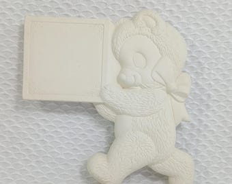 Vintage Bear Holding Block | Unpainted Ceramic Bisque 1990s Nursery Wall Decor | Ready To Paint Your Own | DIY Baby Showers Kids Rooms Decor