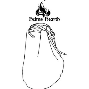 May include: A black and white line drawing of a coin pouch with a drawstring closure. The text "Coin Pouch" is above the pouch, and the text "Helms Hearth" is below it, with a flame graphic in between.