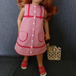 Dress and shoes for 16.5 inch Sasha doll, summer cotton dress and 60s style shoes for Sasha doll, small check fabric Vicky in red and white.