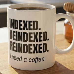 May include: A white ceramic mug featuring black text that reads INDEXED. DEINDEXED. REINDEXED. I need a coffee. The mug has a standard handle and is filled with a dark liquid, likely coffee, visible at the top rim of the cylindrical vessel.