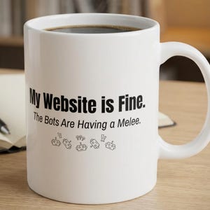 May include: A white ceramic mug featuring the black printed text My Website is Fine. The Bots Are Having a Melee. along with a row of five small, simple line-art robot icons. The mug has a standard cylindrical shape with a curved handle.