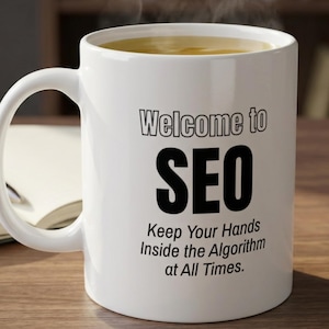 May include: A white ceramic mug filled with a light-colored beverage. The mug features black printed text that reads: Welcome to SEO, Keep Your Hands Inside the Algorithm at All Times. The mug has a curved handle on the left side and a smooth finish.