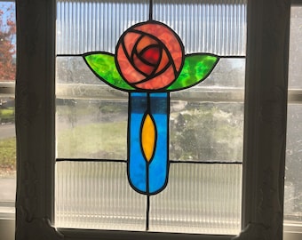 Framed Stained Glass Window Mackintosh Rose