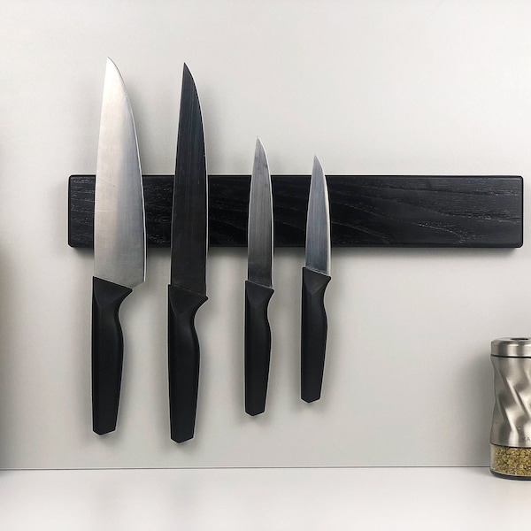Porte-couteau magnétique en bois noir, porte-couteau, porte-couteau magnétique mural, support en bois pour couteaux et ustensiles, produit de cuisine