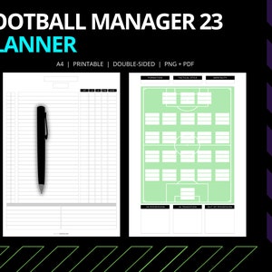 Pode incluir: Um planeador de futebol manager imprimível de dupla face com um diagrama de campo de futebol verde e uma tabela em branco para notas. O planeador é projetado para papel A4 e inclui o texto "Football Manager 23 Planner".