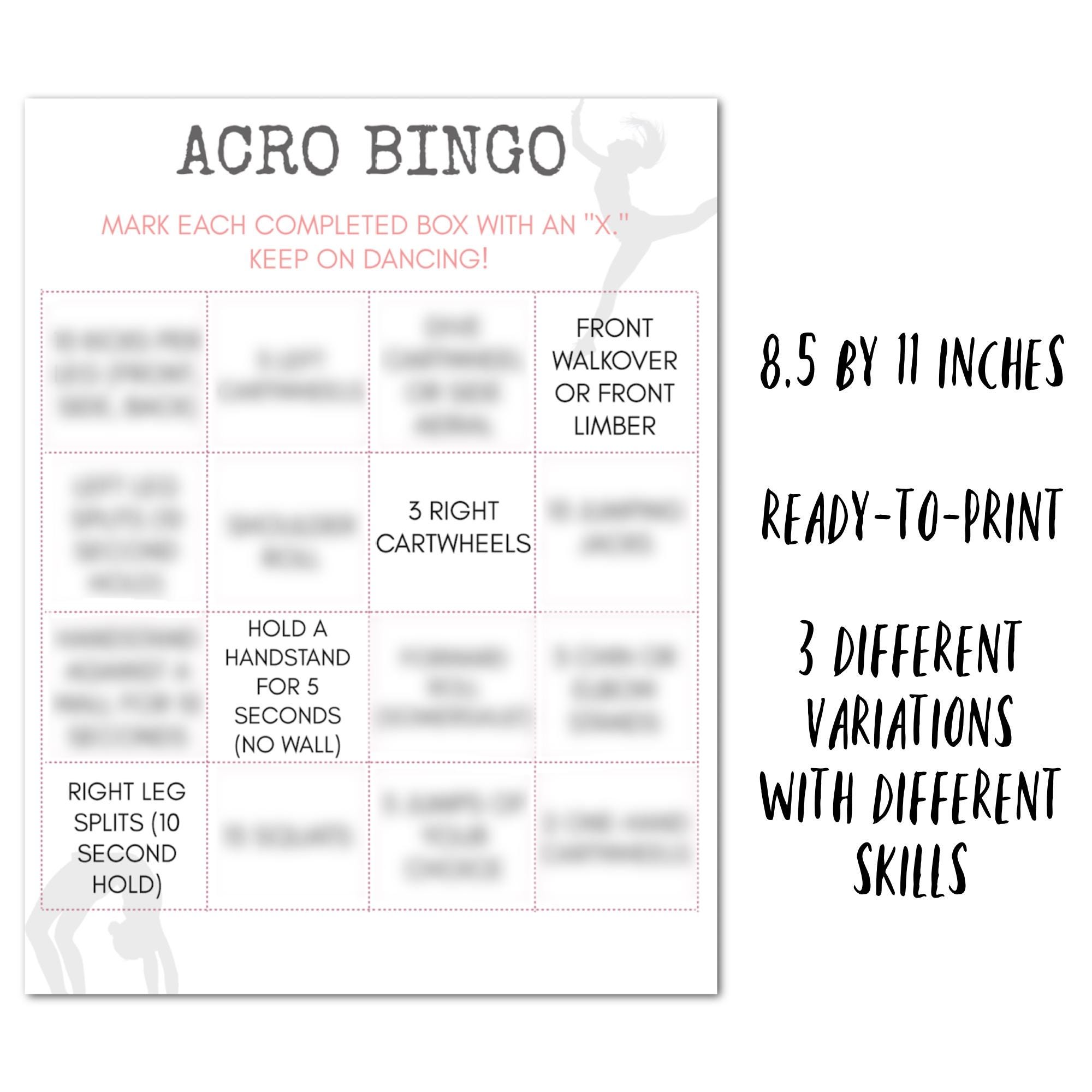 Fun Acro Worksheet Acro Bingo Sheets: Gymnastics & Dance Class Games (PDF) - Etsy