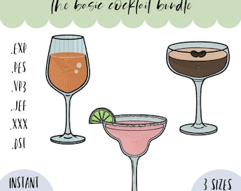Diseño de bordado para cócteles: Margarita, mimosa y martini (descarga digital)