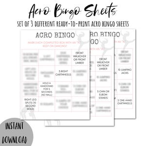 Puede incluir: Tres tarjetas de bingo imprimibles con el título "Acro Bingo" y "Acro Bingo Go". Cada tarjeta tiene una cuadrícula de nueve cuadrados con diferentes movimientos acrobáticos enumerados en cada cuadrado. Los movimientos incluyen "front walkover", "3 right cartwheels", "hold a handstand for 5 seconds", "right leg splits", "10 jumping jacks", "3 chin or elbow stands", and "2 one-hand cartwheels".