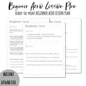 Puede incluir: Un plan de lección de acro para principiantes listo para imprimir con el título "Beginner Acro Lesson Plan" en escritura negra. El plan incluye estaciones, descripción general y objetivos. Un círculo rosa con "INSTANT DOWNLOAD" está en la parte inferior izquierda.