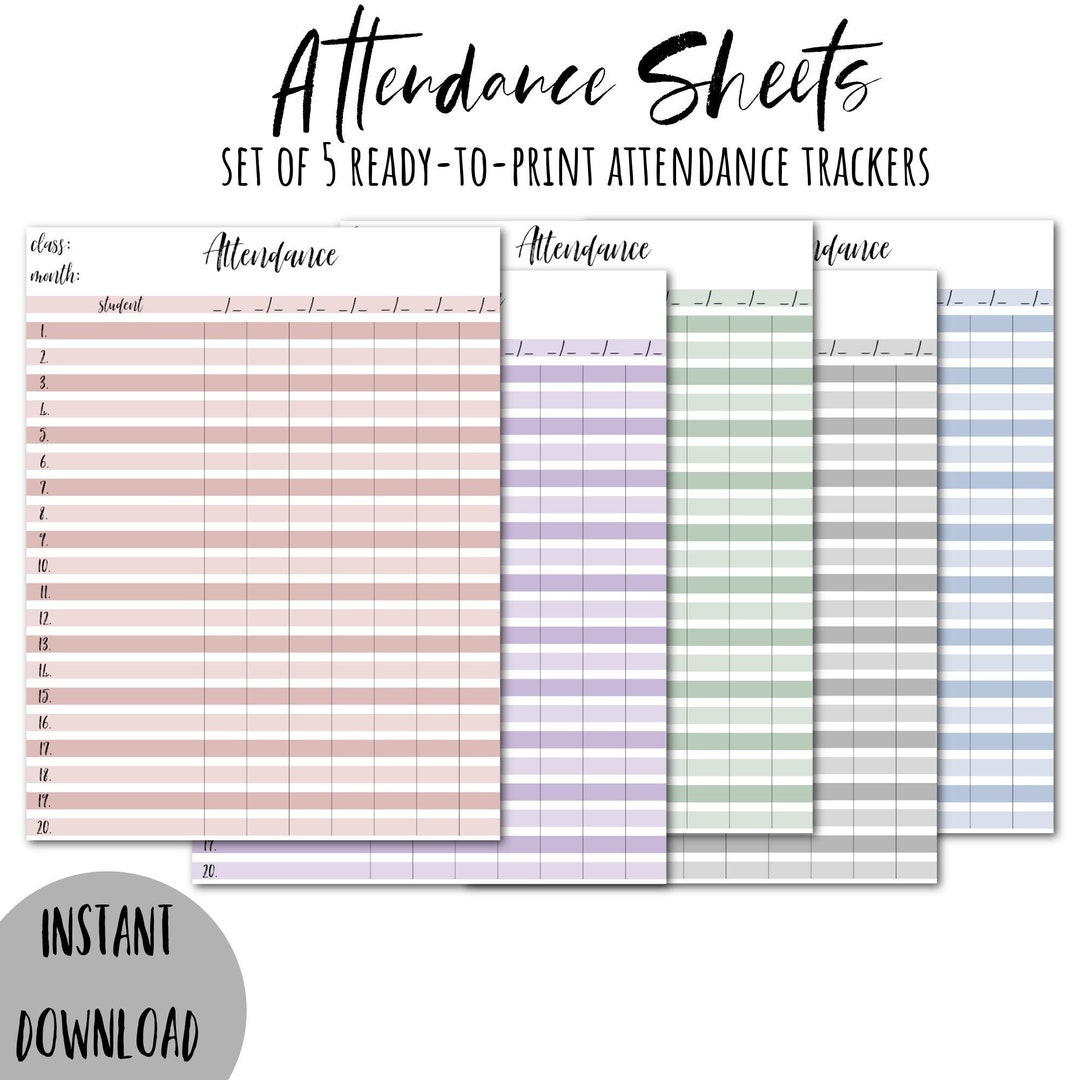 Set of 5 Attendance Sheets Dance Teacher Attendance Trackers Printables
