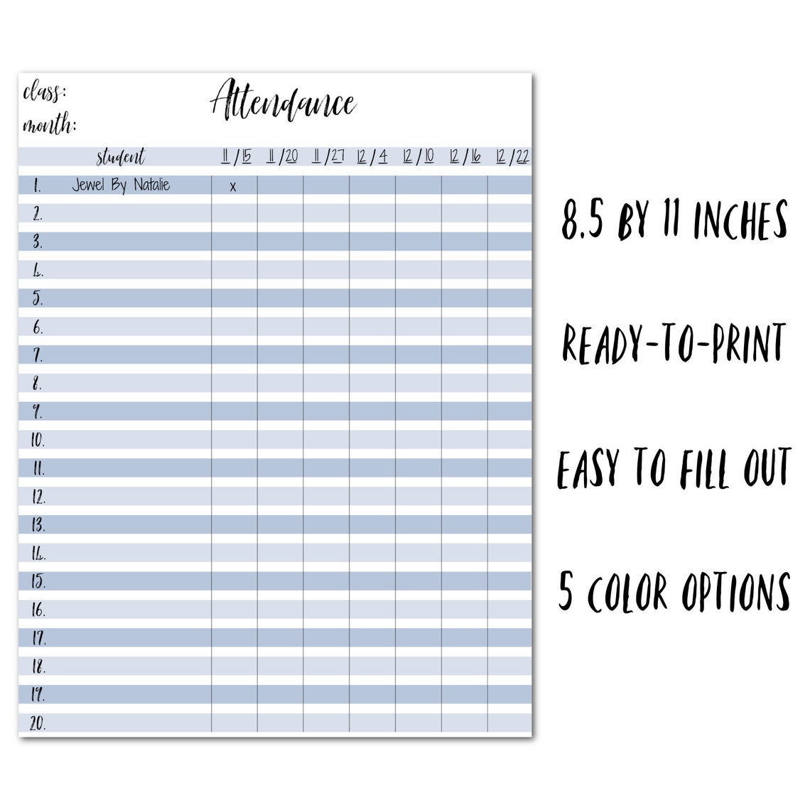 Set of 5 Attendance Sheets Dance Teacher Attendance Trackers Printables