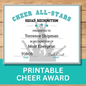 Aanpasbaar Cheerleader Award-certificaat, afdrukbare 8.5x11 Sport Award, aanpasbare Award