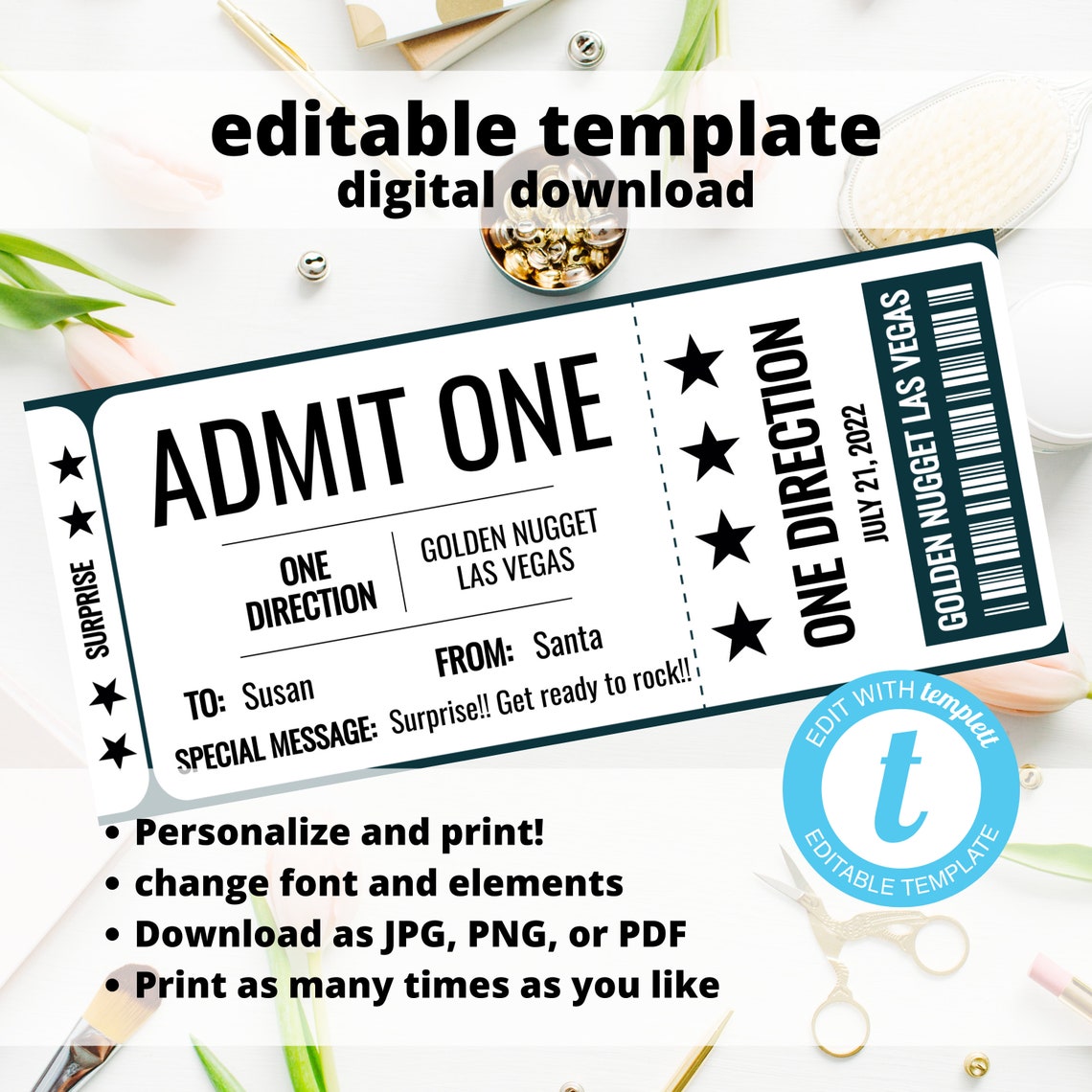 Concert Ticket Gift Template, Surprise Show Announcement, Printable