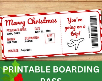 May include: A printable boarding pass with a red and white striped design. The pass says "Merry Christmas" and "You're going on a trip!" with a small airplane icon. The pass has a passenger name, date, origin, destination, seat number, and a message that says "Surprise!"