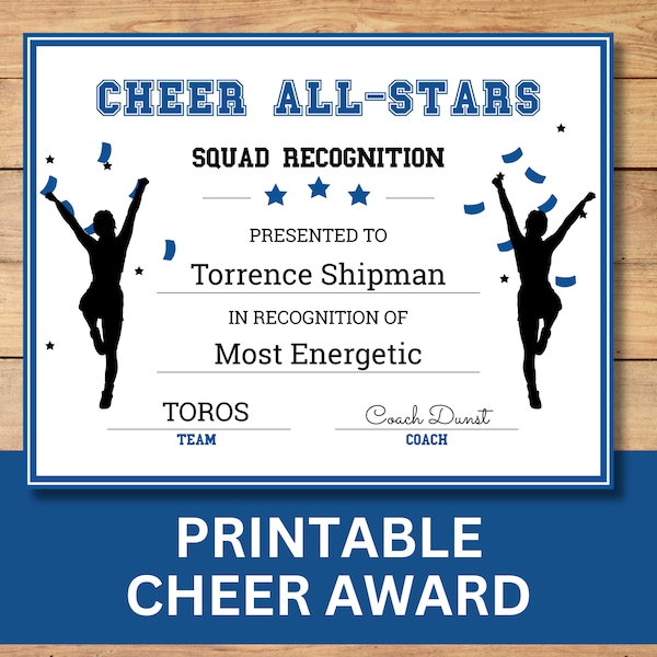 Anpassbare Cheerleader Award-Zertifikat, druckbare 8,5 x 11 Sport Award, anpassbare Auszeichnung