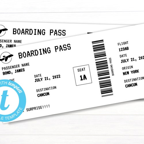 Editable Airline Boarding Pass Ticket Template. Surprise Trip Etsy