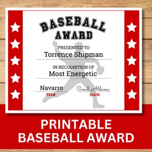Customizable Baseball Award Certificate, Printable 8.5x11 Sport Award, Customizable Award