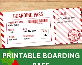 May include: A printable boarding pass with a red and white striped border. The pass has a message that says "Can't wait to take you on vacation!" and a stamp that says "Merry Christmas Happy New Year".