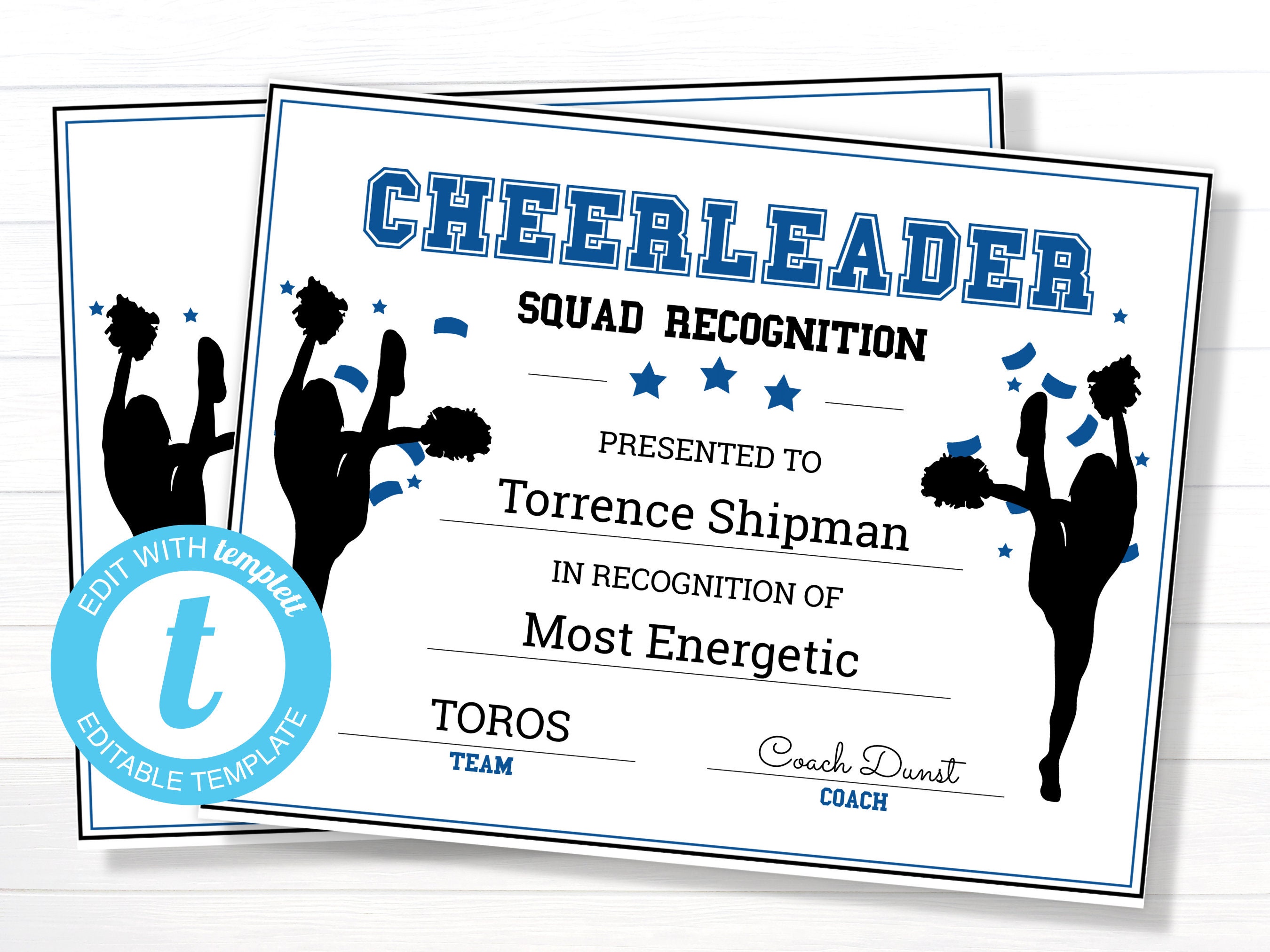 Customizable Cheerleader Award Certificate Printable 8.5x11 Etsy