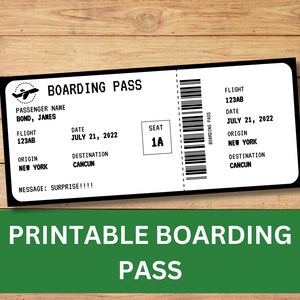 Boarding Pass Template, Surprise Trip Announcement, Printable Airplane Ticket