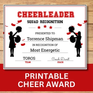 Aanpasbaar Cheerleader Award-certificaat, afdrukbare 8.5x11 Sport Award, aanpasbare Award