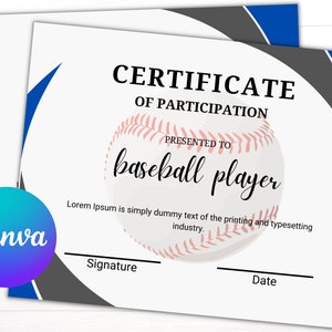 Customizable Baseball Award Certificate, Printable 8.5x11 Sport Award, Customizable Award
