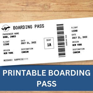 Modèle de carte d'embarquement, annonce de voyage surprise, billet d'avion imprimable