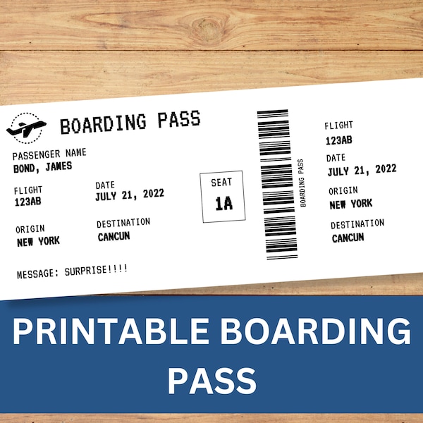 Boarding Pass Template, Surprise Trip Announcement, Printable Airplane Ticket