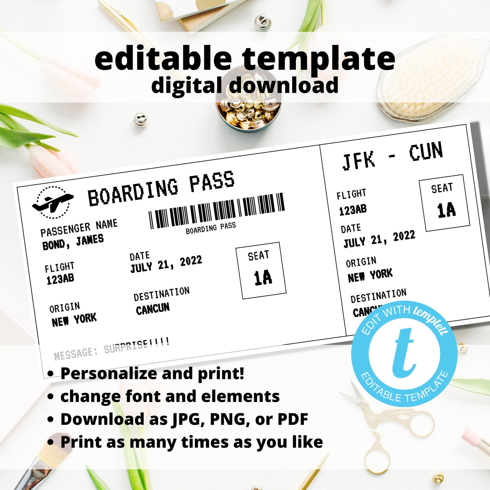 Boarding Pass Template, Surprise Trip Announcement, Printable Airplane ...
