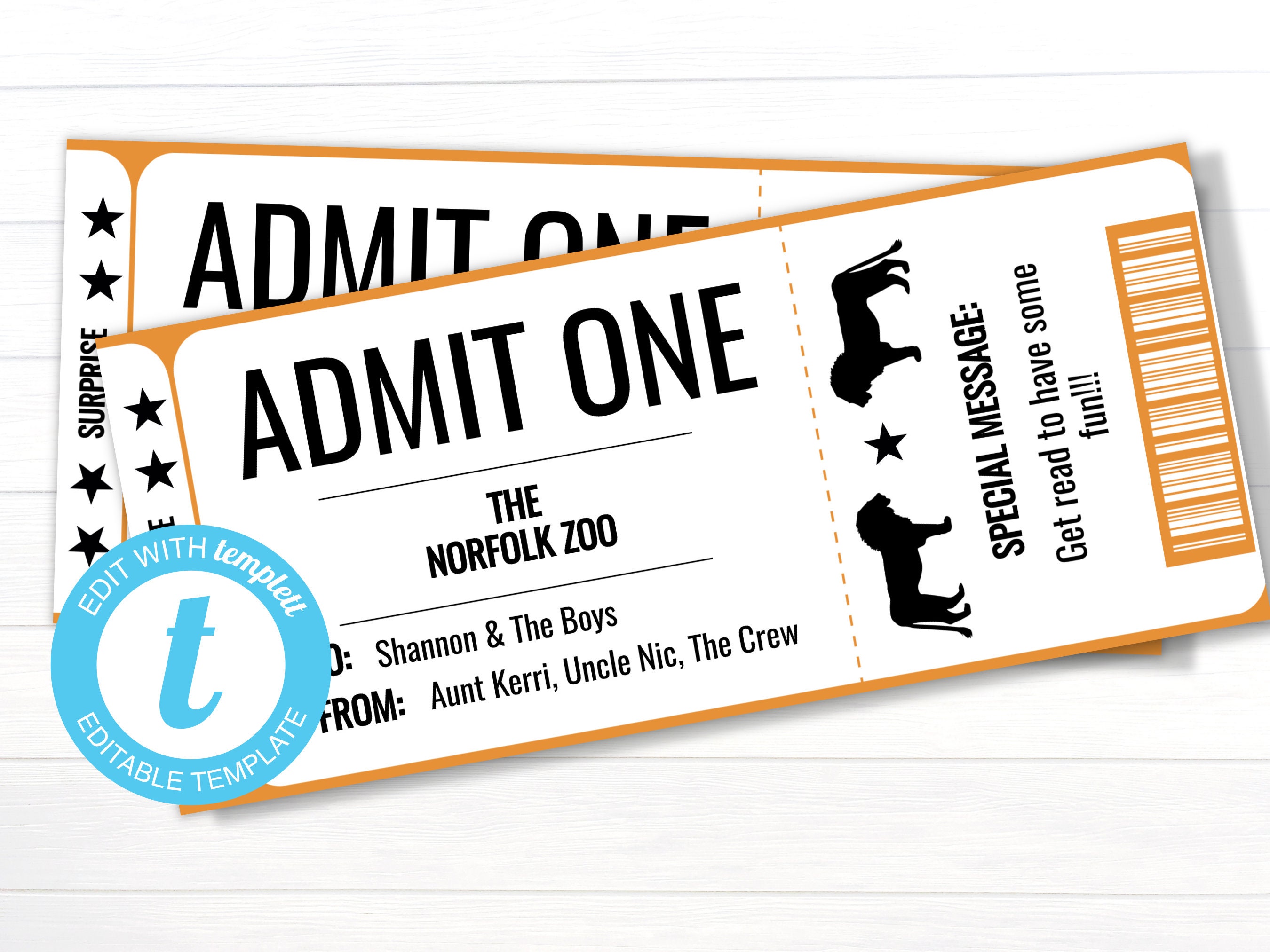 Zoo Pass Ticket Template Surprise Announcement Printable Etsy