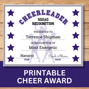 Aanpasbaar Cheerleader Award-certificaat, afdrukbare 8.5x11 Sport Award, aanpasbare Award